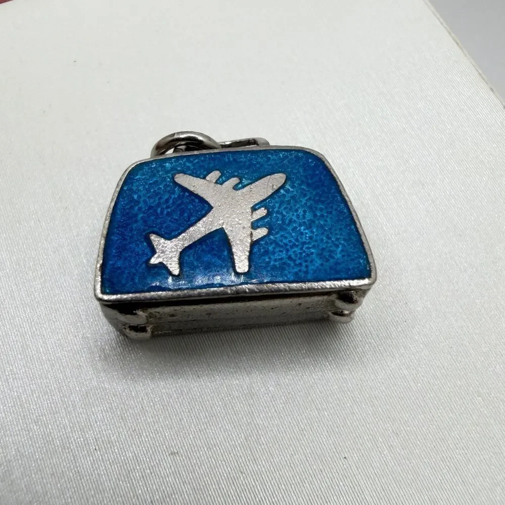 Vintage Sterling Silver and Blue Enamel, airplane‎ suitcase charm/pendant